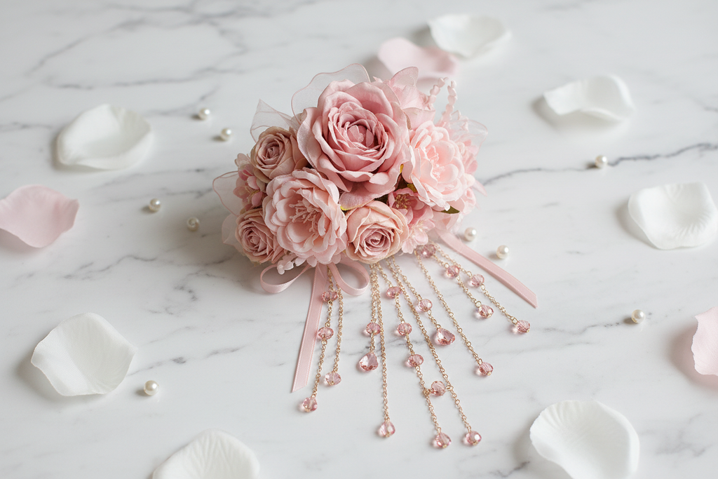 Romantic Floral Hair Clip - flat lay on marble