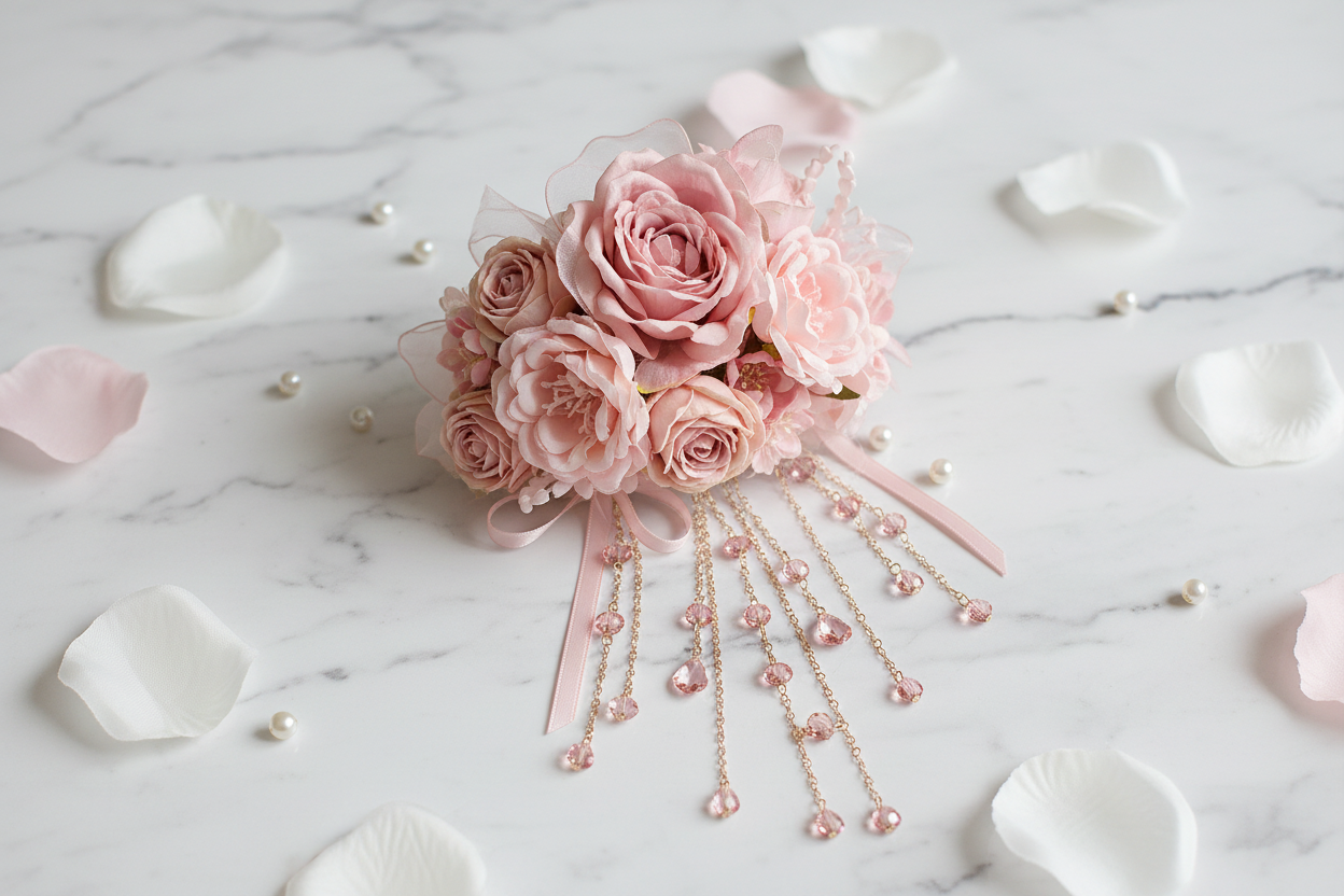Romantic Floral Hair Clip - flat lay on marble